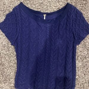 Free People Navy Cable Knit Short Sleeve Top